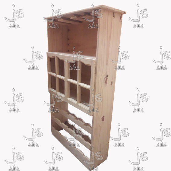 Bodega copera alta con 14 botelleros, dos puertas y un estante hecho de madera de pino. Fabricado por JS. Fábrica de muebles.