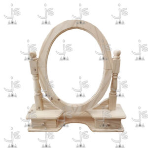 Marco espejo ovalado torneado con dos cajones hecho de madera de pino. Fabricado por JS. Fábrica de muebles.