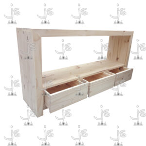 Mesa LCD de tres cajones con dos estantes hecho de madera de pino. Fabricado por JS. Fábrica de muebles.