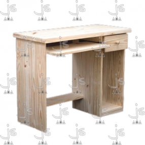 Escritorio pc con un estante alto, un cajón y una bandeja deslizable con correderas metálicas hecho de madera de pino. Fabricado por JS. Fábrica de muebles.