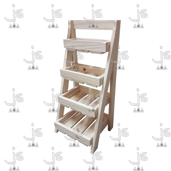 Exhibidor 0.60 de cuatro patas con cuatro estantes hecho de madera de pino. Fabricado por JS. Fábrica de muebles.