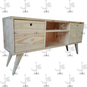 Mesa lcd retro de cuatro patas dos cajones y dos estantes hecho de madera de pino. Fabricado por JS. Fábrica de muebles.