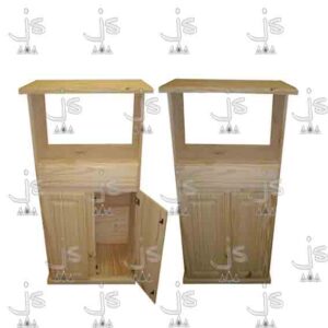 Mesa microondas con dos puertas y dos estantes hecho de madera de pino. Fabricado por JS. Fábrica de muebles.