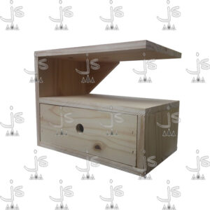Mesa de luz retro flotante en G con un estantee y un cajón hecho de madera de pino. Fabricado por JS. Fábrica de muebles.