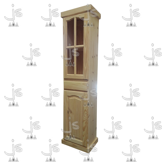 Cristalero con un cajon y una puerta alacena hecho de madera de pino. Fabricado por JS. Fábrica de muebles.