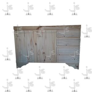 Bajo mesada con cuatro cajoneras y dos puertas alacena hecho de madera de pino. Fabricado por JS. Fábrica de muebles.