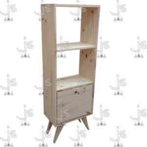 Biblioteca retro eco de cuatro patas con dos estantes y un cajón hecho de madera de pino. Fabricado por JS. Fábrica de muebles.