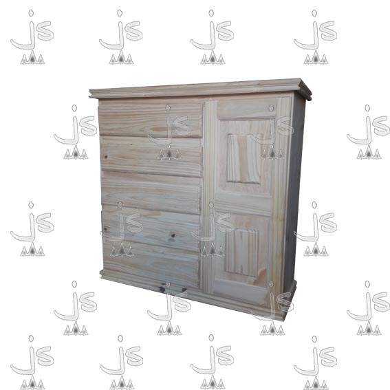 ropero chifonier semi macizo con cinco cajones y una puerta hecha de madera de pino