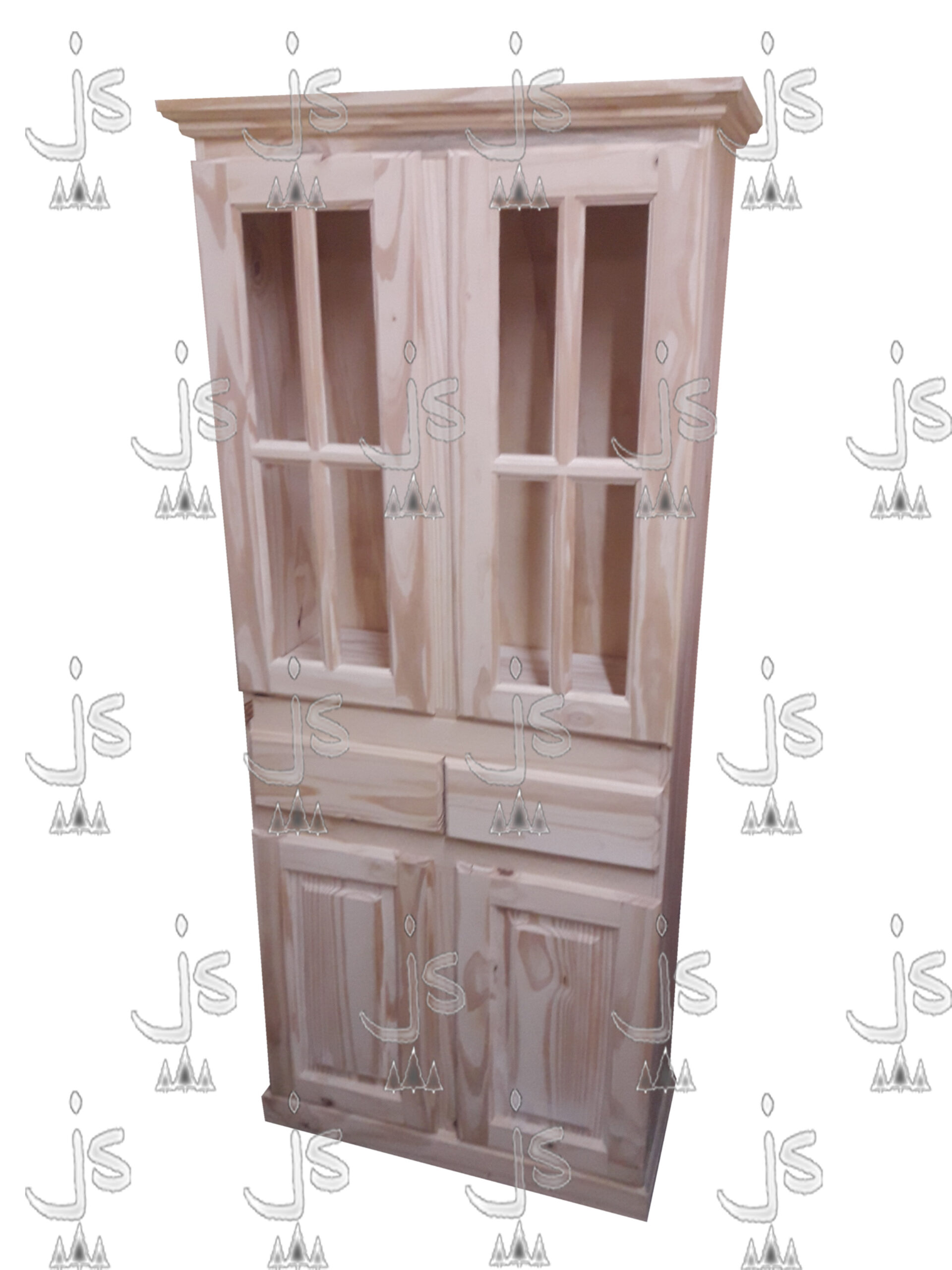 Cristalero vajillero doble puerta vajillera, dos cajones y dos puertas alacena hecho de madera de pino. Fabricado por JS. Fábrica de muebles.