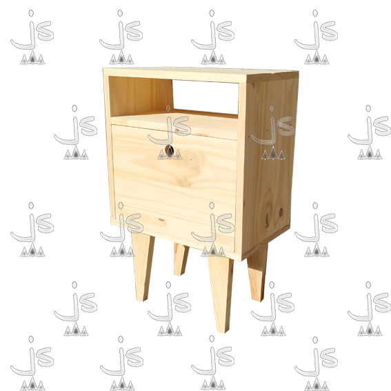 Mesa de luz escandinava con un cajon, un estante y cuatro patas hecho de madera de pino. Fabricdo por JS. Fábrica de muebles.