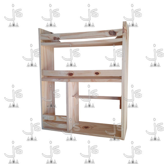 Repisa especiero de cuatro estantes hecho de madera de pino. Fabricado por JS. Fábrica de muebles.