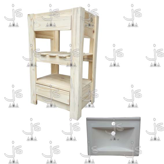 Vanitory con bacha cuadrada con un estante y dos cajones hecho de madera de pino. Fabricado por JS. Fábrica de muebles.