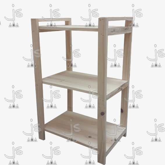 Estanteria multiuso de cuatro patas con tres repisas hecho de madera de pino. Fabricado por JS. Fábrica de muebles.