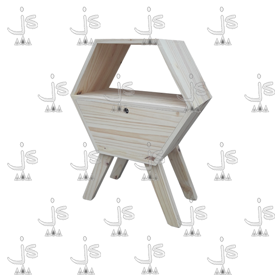 Mesa de luz exagonal con un estante y un cajon de cuatro patas retro0 hecho de madera de pino.
