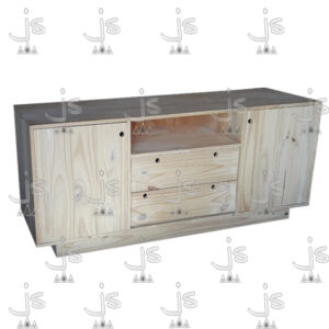 Mesa LCD asia dos puertas dos cajones con un estante hecho de madera de pino. Fabricado por JS. Fábrica de muebles.