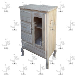 Aparador bajo vintage de cuatro patas con cuatro cajones y una puerta vidriera con dos estantes hecho de madera de pino. Fabricado por JS. Fábrica de muebles.